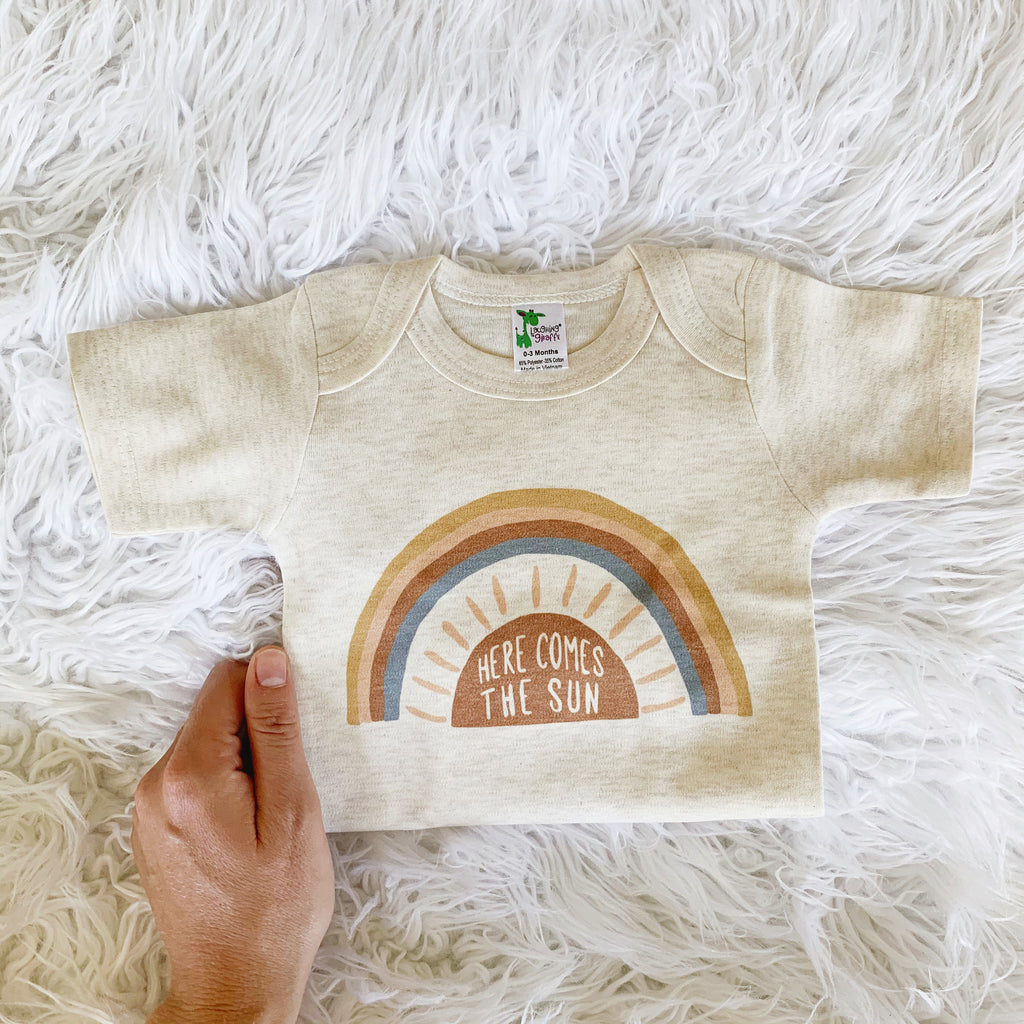 Rainbow Baby Bodysuit, Here Comes the Sun, Gift, Rainbow Shirt, Baby Shower Gift, New Baby, Baby Apparel, Gender Neutral, Oatmeal