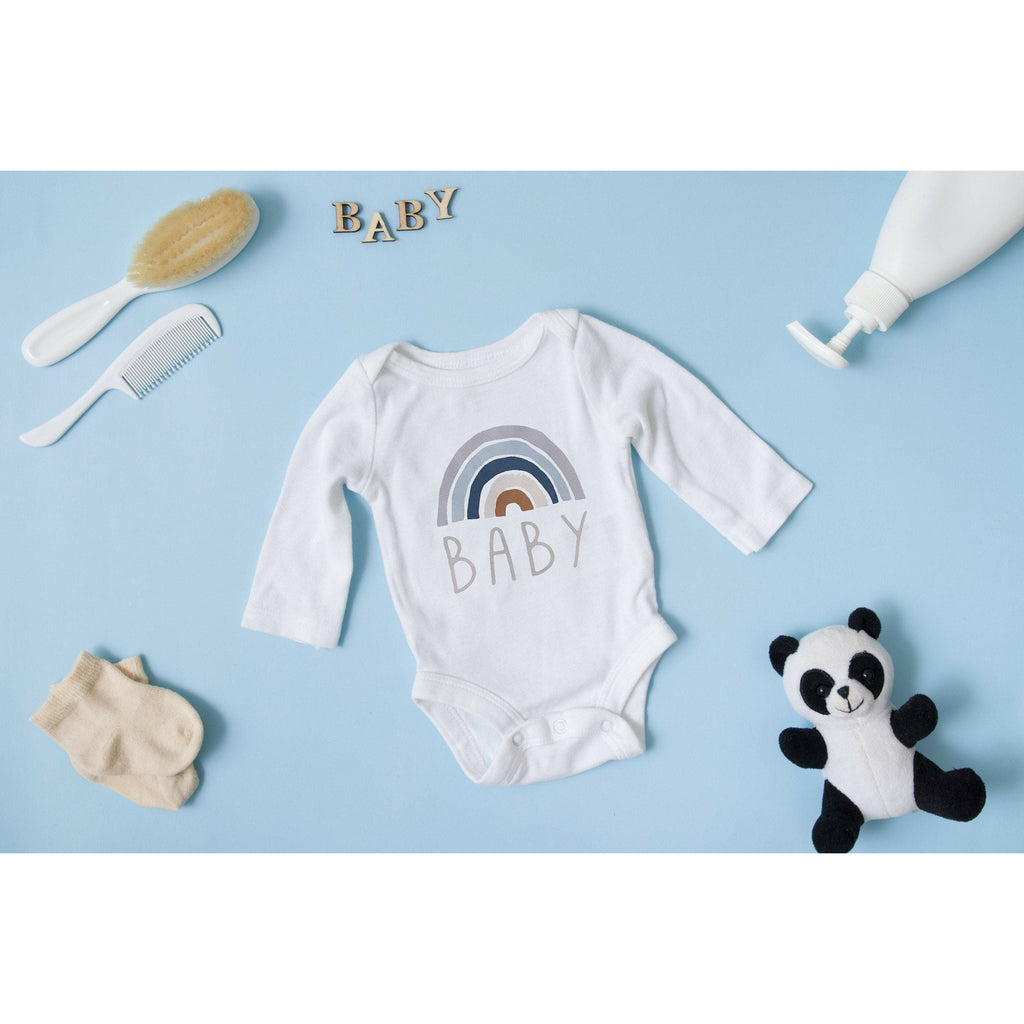 Rainbow Baby Announcement Shirt and Bodysuits Gender Neutral Baby Gift, Soft Blue & Gray, Neutrals, Scandinavian Rainbow