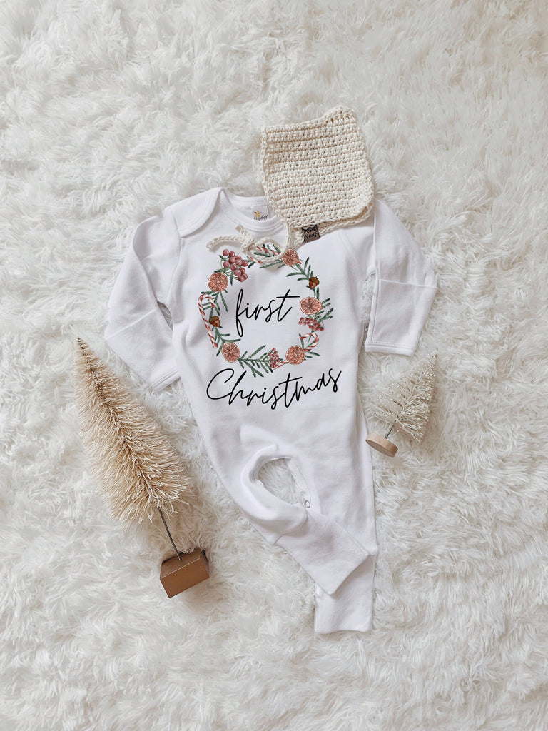 Christmas Baby Pajamas, Baby First Christmas Pj, First Christmas Outfit, Neutral Christmas Outfit, Organic Wreath