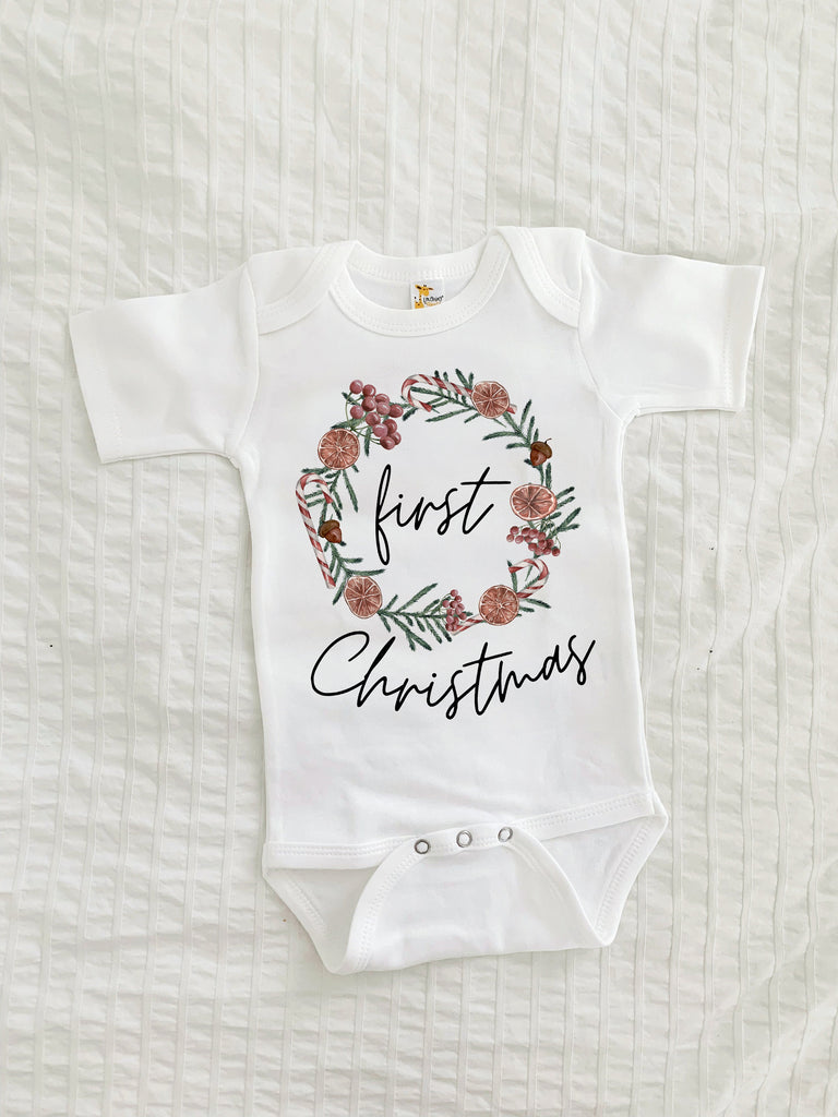 Christmas Baby Pajamas, Baby First Christmas Pj, First Christmas Outfit, Neutral Christmas Outfit, Organic Wreath