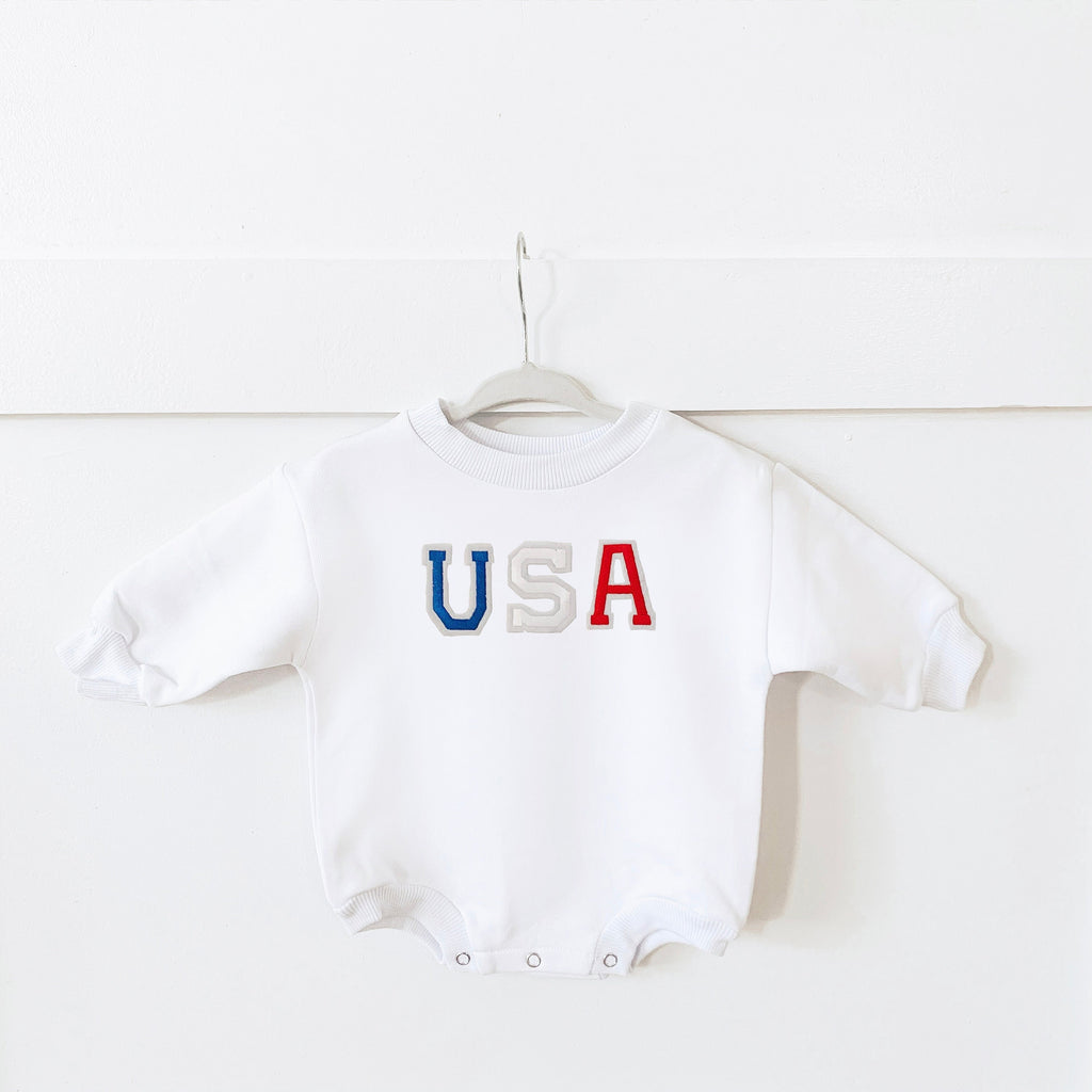 USA Baby Romper, Bubble Romper, USA Baby Sweatshirt, Patriotic Baby Sweatshirt, Neutral baby Sweatshirt Romper, USA baby outfit