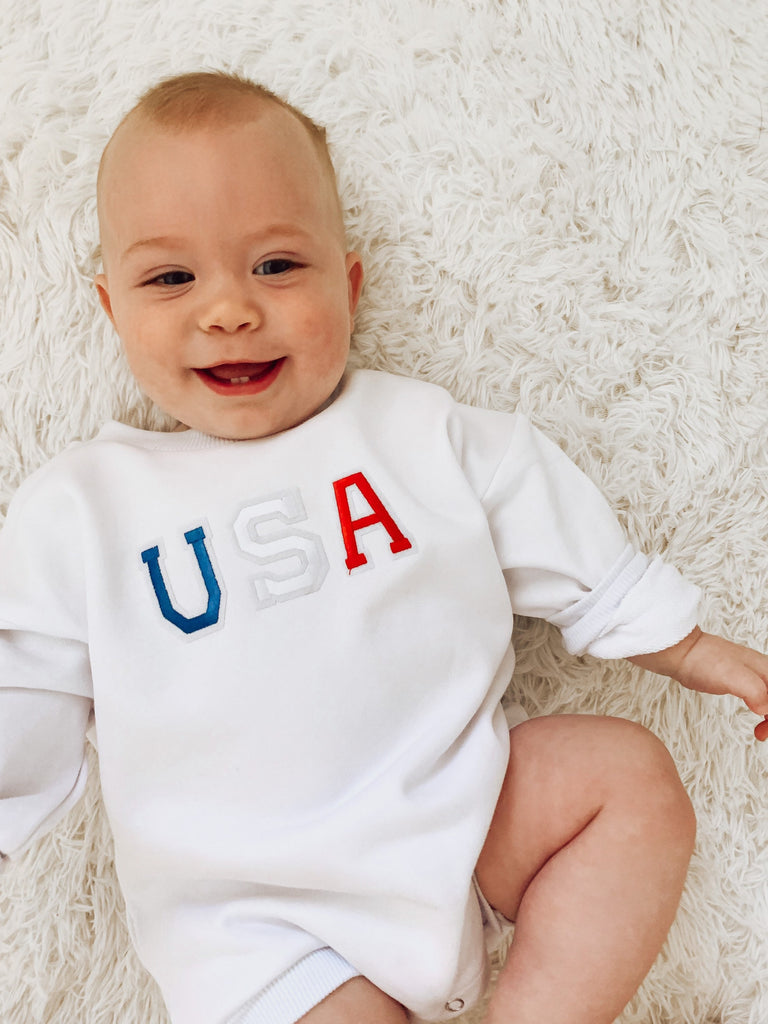 USA Baby Romper, Bubble Romper, USA Baby Sweatshirt, Patriotic Baby Sweatshirt, Neutral baby Sweatshirt Romper, USA baby outfit