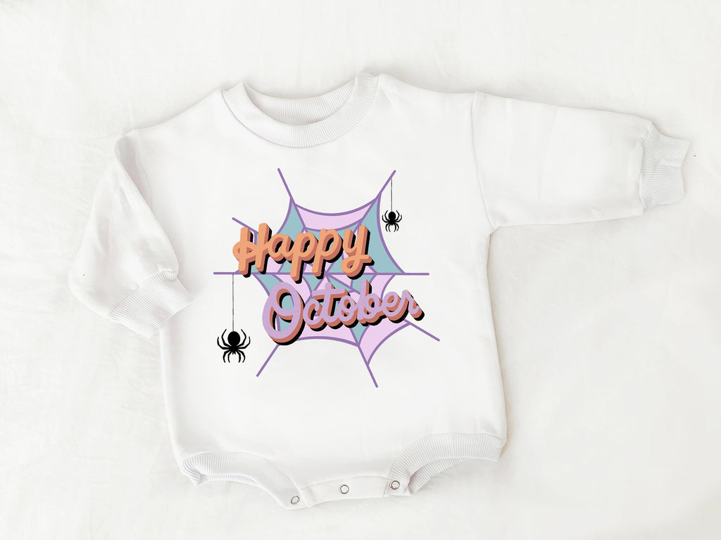 First Halloween Baby Outfit, Baby First Halloween, Happy October, Bubble Romper, Baby Sweatshirt Romper, Retro Halloween, Bubble romper