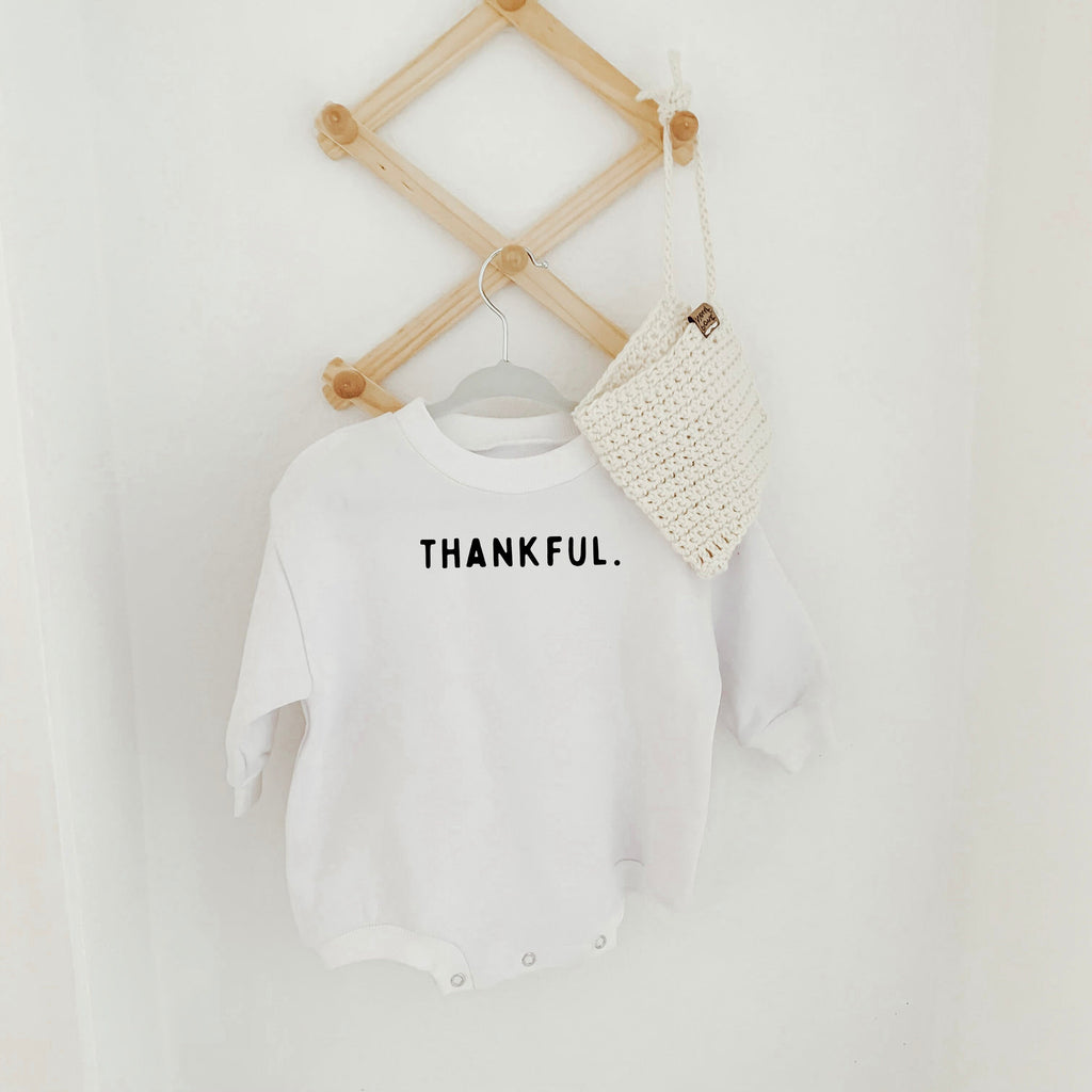 Thankful, Thanksgiving Sweatshirt Romper, Oversized Bubble Romper, Fall baby outfit, Thanksgiving baby, Neutral, Thankful, Bubble Romper