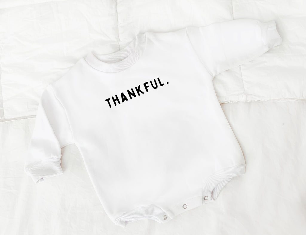 Thankful, Thanksgiving Sweatshirt Romper, Oversized Bubble Romper, Fall baby outfit, Thanksgiving baby, Neutral, Thankful, Bubble Romper