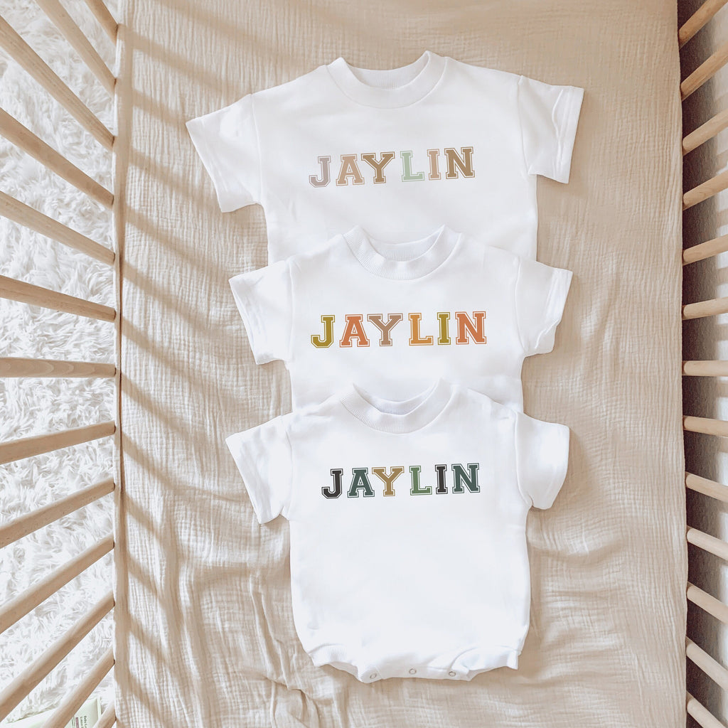 Neutral Baby Romper, Bubble Romper, Name Baby Romper, Neutral baby, Custom Baby Romper, Rainbow Varsity Name