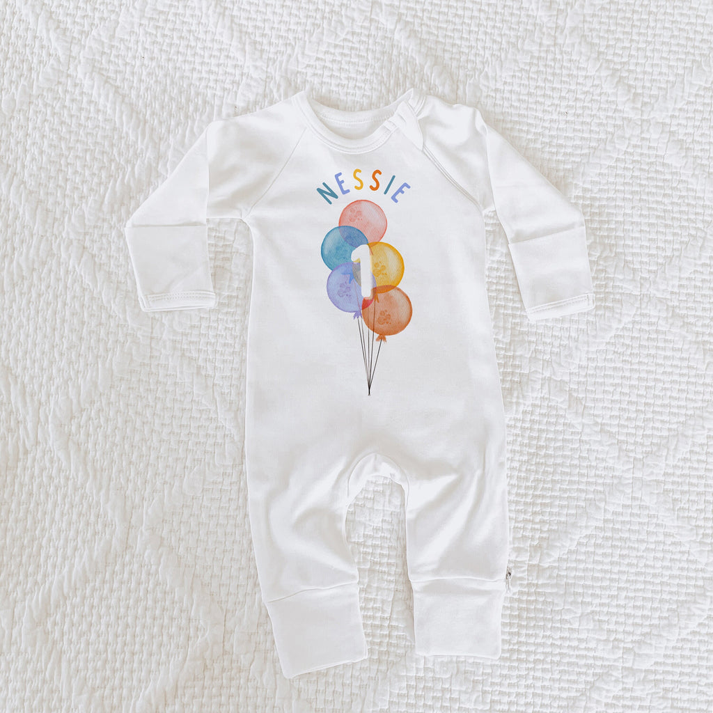 First Birthday Sweatshirt Romper, Birthday Balloon Shirt, Balloon Romper, 1st Birthday Outfit, Rainbow Birthday Romper, Rainbow Balloons